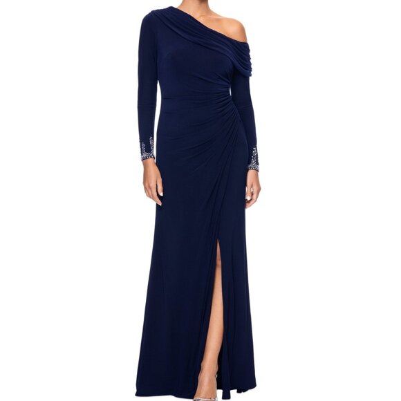 Betsy & Adam Navy Off-Shoulder Beaded Cuff Gown NWT Size 8 – Formal Dress - Picture 2 of 5